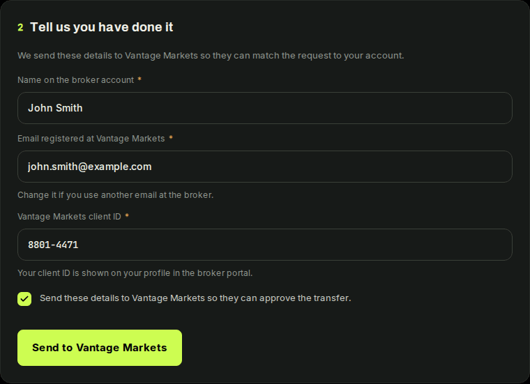 The LotsBack form with name on the broker account, email registered at the broker and client ID filled in