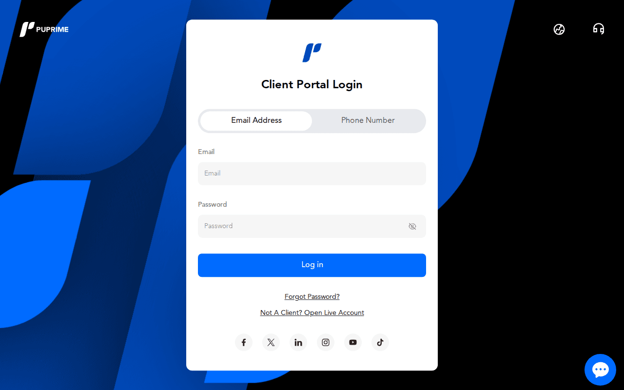 The sign-in screen of the PU Prime client portal