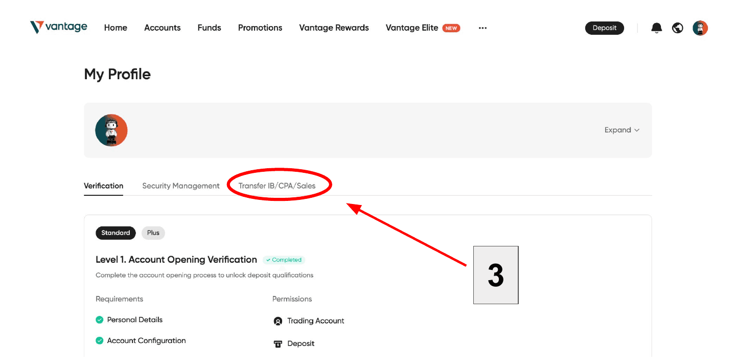 The Vantage profile page with the Transfer IB/CPA/Sales tab circled.