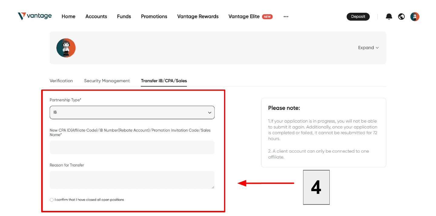 The Vantage transfer form: partnership type, the new IB number, a reason and a confirmation box.