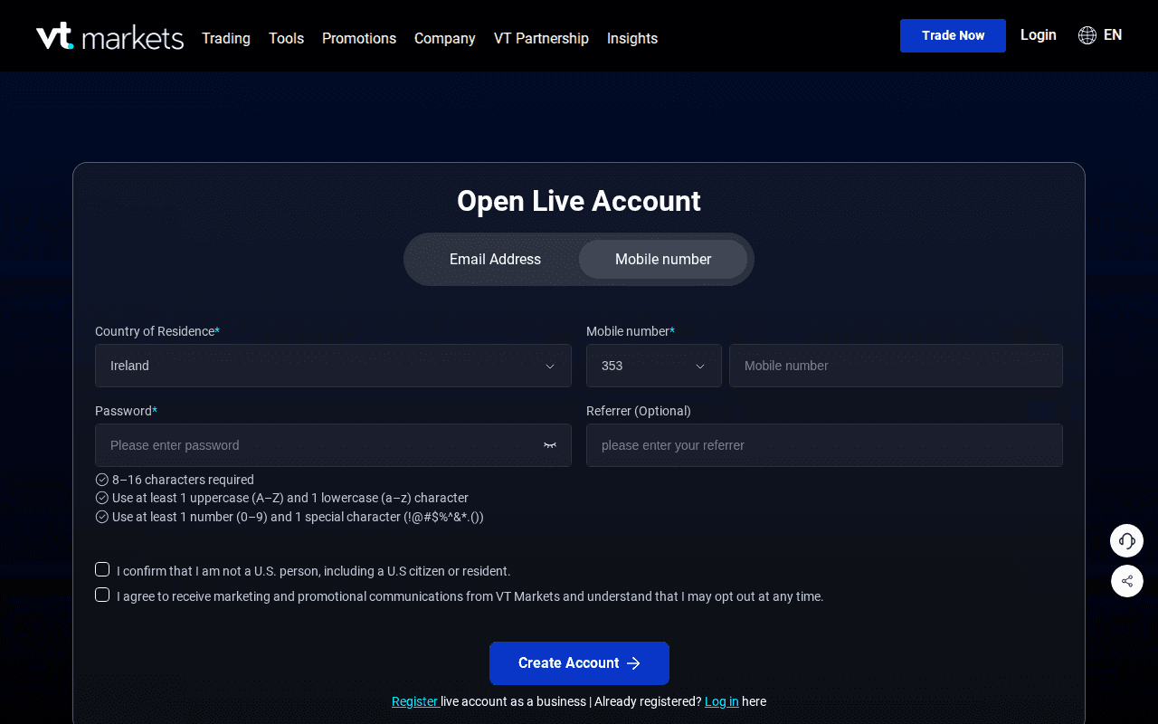 the VT Markets Trade now form as opened by the LotsBack partner link