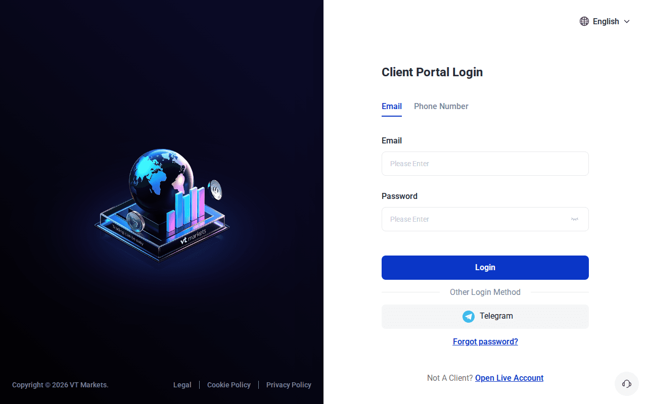 The sign-in screen of the VT Markets client portal