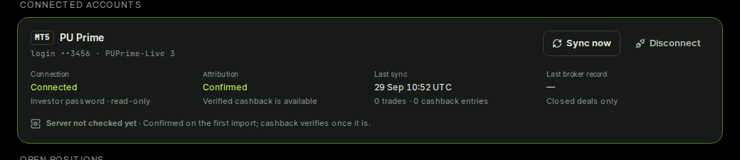A connected account card reading Connected and Confirmed by the broker