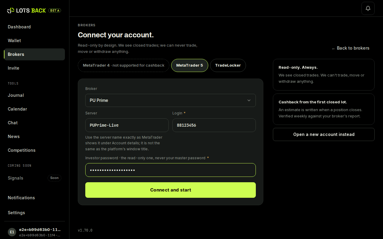 The Connect an account form with Broker, Server, Login and Investor password fields filled in