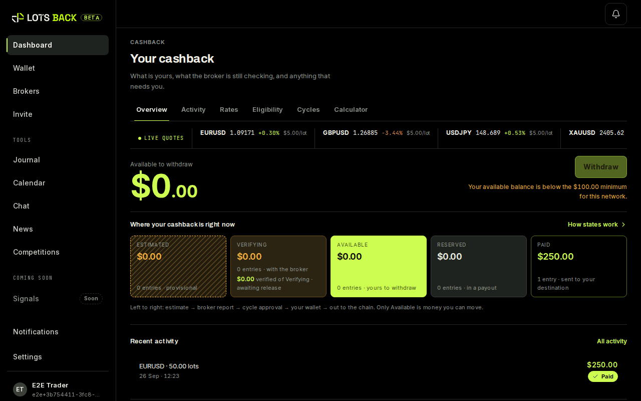 The LotsBack dashboard after connecting an account
