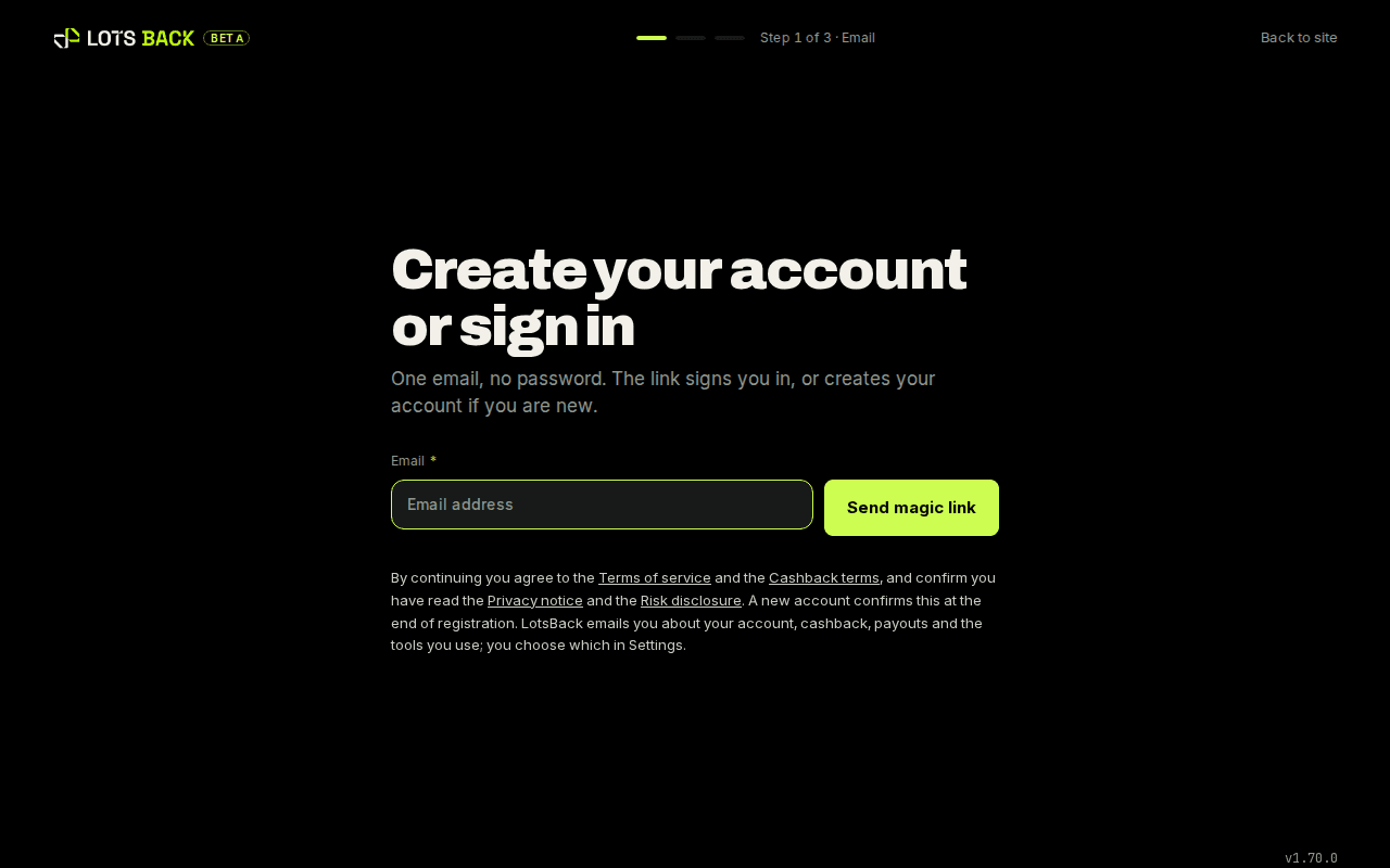 The LotsBack sign-in screen with one email field and a Send magic link button
